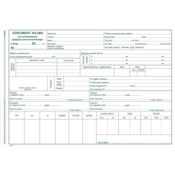 Dokument najmu pojazdu z listem przewozowym A5 809-3
